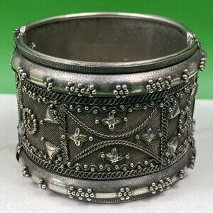 Vtg Cuff Bracelet Clamper Wide Boho Bells Silver tone 2.5" Hinged Mesh Shields
